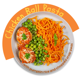 Chicken Ball Pasta w/ Nutty Tomato Sauce and Green Peas